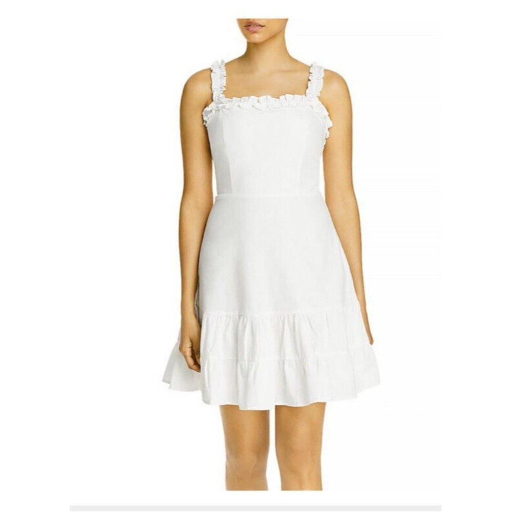 Aqua Womens Fit & Flare Mini Dress White Lined Square Neck Ruffle Smocked XS New